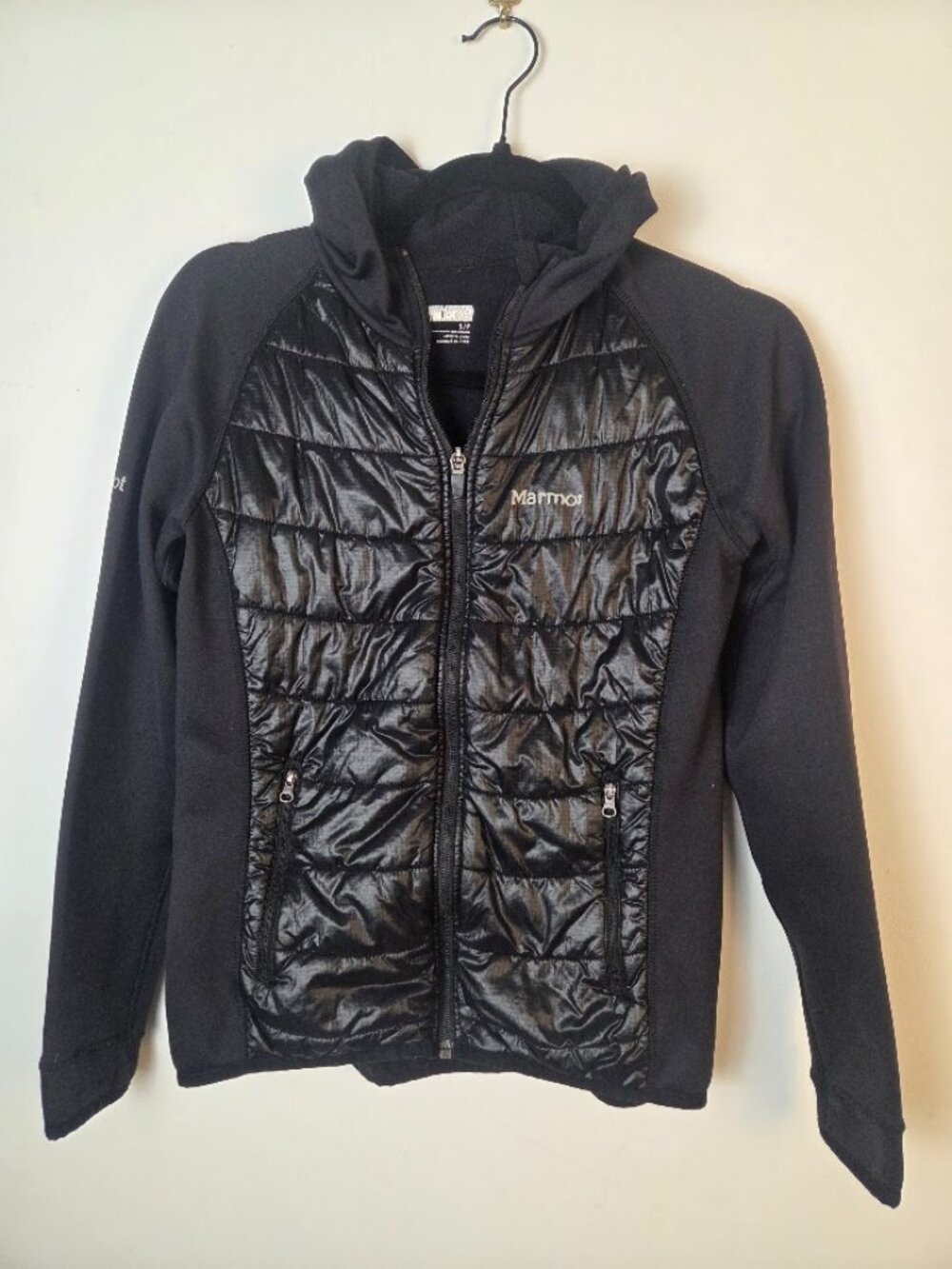 Marmot Black Hybrid Quilted Fleece Hooded Jacket Womens Small S/P
